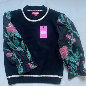 THML Black Sweater with Pink, Teal and Metallic Gold Appliquéd Sleeves